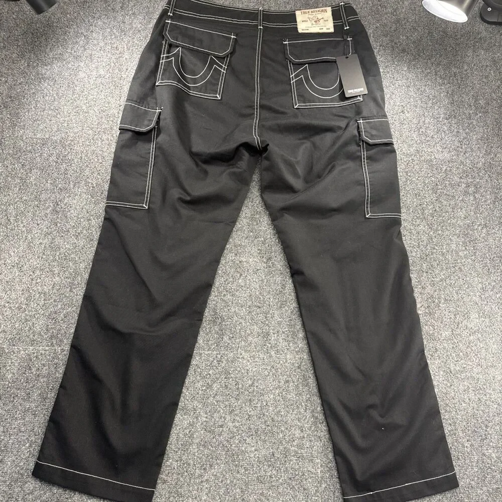 True Religion Cargo Pants Mens 34 Jet Black Contrast Stitch NWT